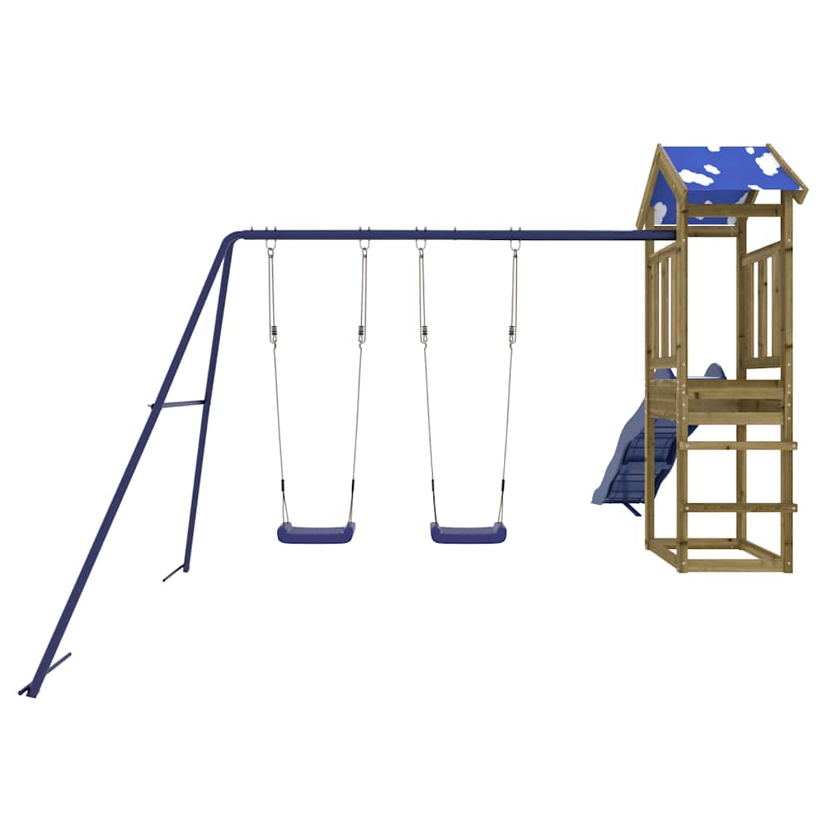 Ein Kinderspielplatz. Er beinhaltet Schaukeln, eine Rutsche und eine Holzstruktur mit blauem Dach und weißen Wolken.