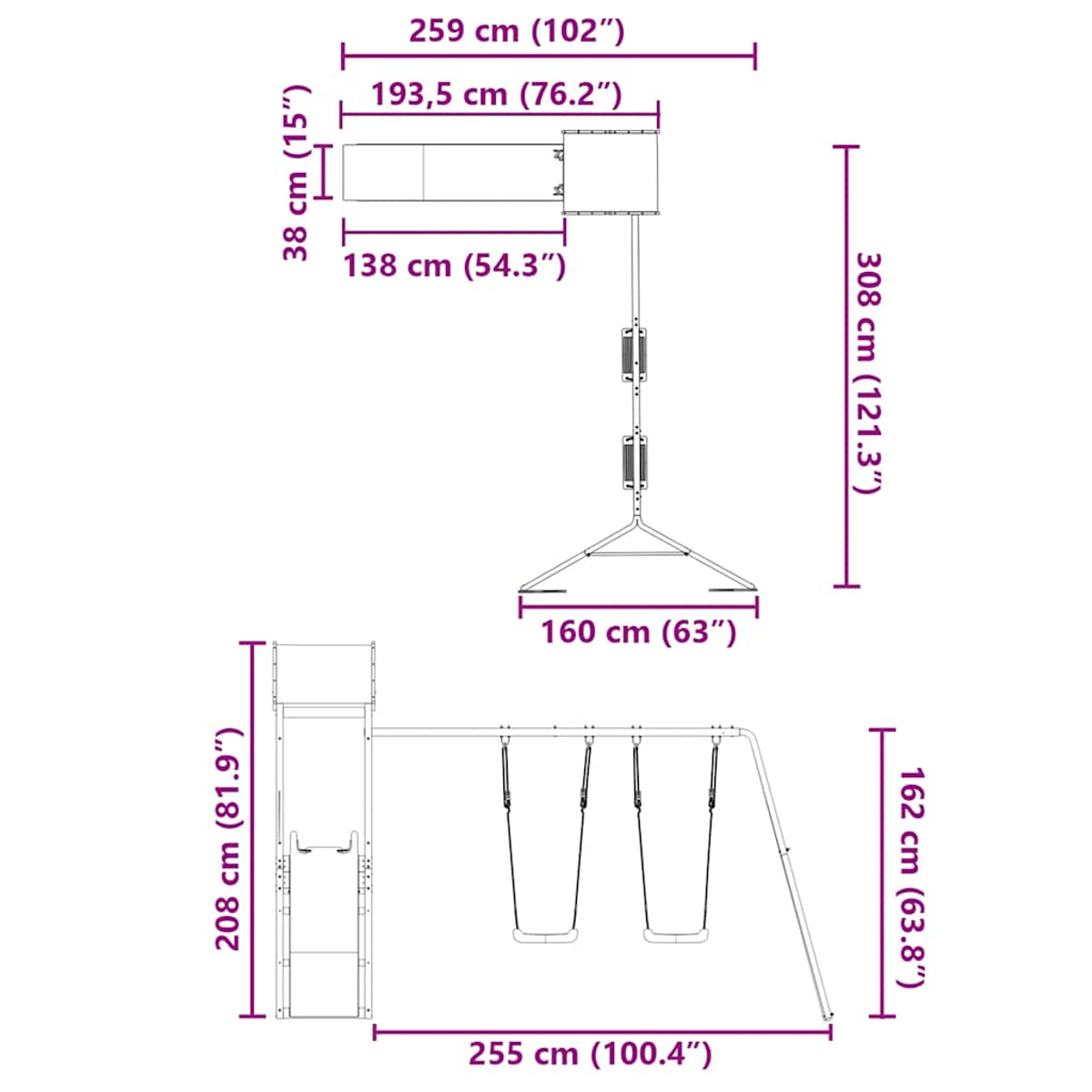 Diagramm eines Schaukelgerüsts mit Abmessungen in cm und Zoll. Es zeigt eine Rutsche, Schaukeln und Maße für Höhe und Breite.