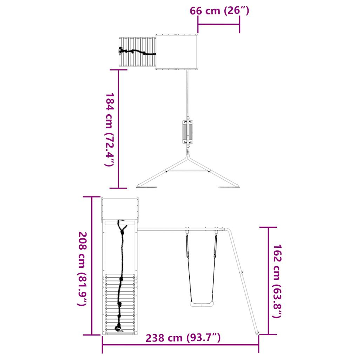 Diagramm eines Schaukelgerüsts mit Abmessungen in cm und Zoll. Beinhaltet ein Klettergerüst und zwei Schaukeln mit Gesamtmaßen.