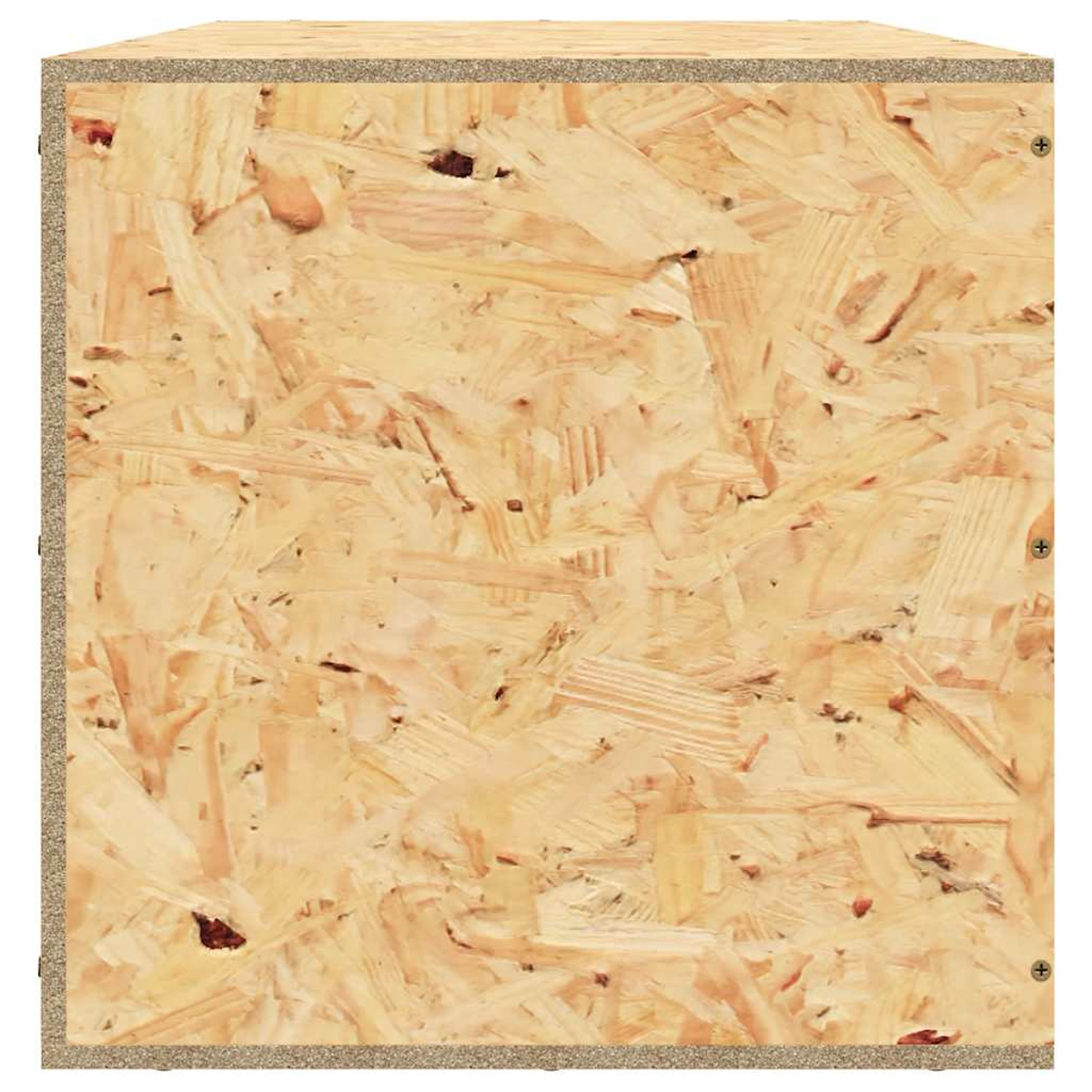 Nahaufnahme einer OSB-Platte (Oriented Strand Board) mit sichtbaren Holzsträngen und einem körnigen Rand.