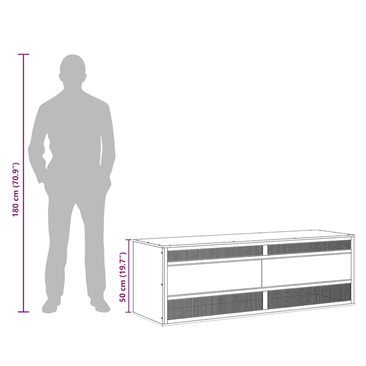 Eine Person steht neben einem weißen Schrank mit Schubladen. Maße sind angegeben. Der Hintergrund ist weiß.