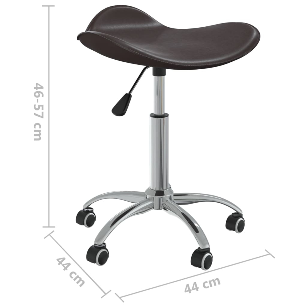 Un taburete ajustable con asiento de cuero marrón. Tiene una base cromada con ruedas.