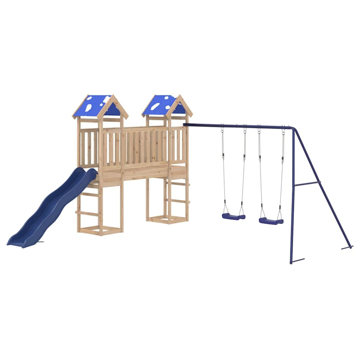 Ein Holzspielplatz mit blauer Rutsche, zwei Schaukeln und zwei blau bedachten Strukturen. Die Rahmen sind blau.