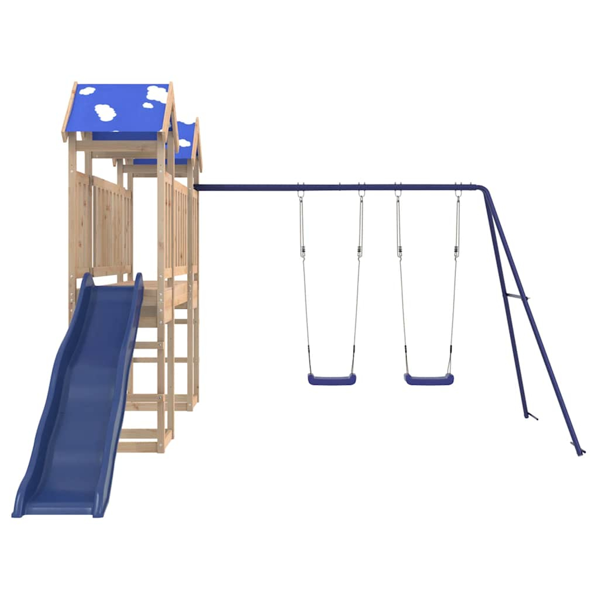 Ein Spielplatz mit blauer Rutsche, Schaukeln und Holzkonstruktion. Blaue Dächer mit weißen Wolken. Isoliert auf weißem Hintergrund.