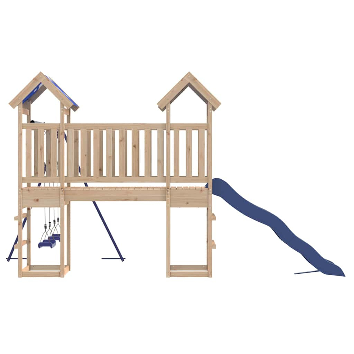 Holzspielplatz mit blauer Rutsche, Schaukeln und zwei kleinen Plattformen mit Dach. Die Struktur befindet sich auf weißem Hintergrund.