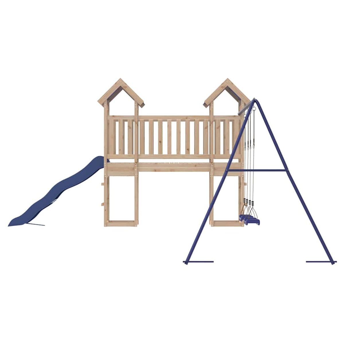 Ein hölzernes Spielset mit einer blauen Rutsche, Schaukeln und einer kleinen spielhausartigen Struktur. Der Rahmen ist hellbraun.