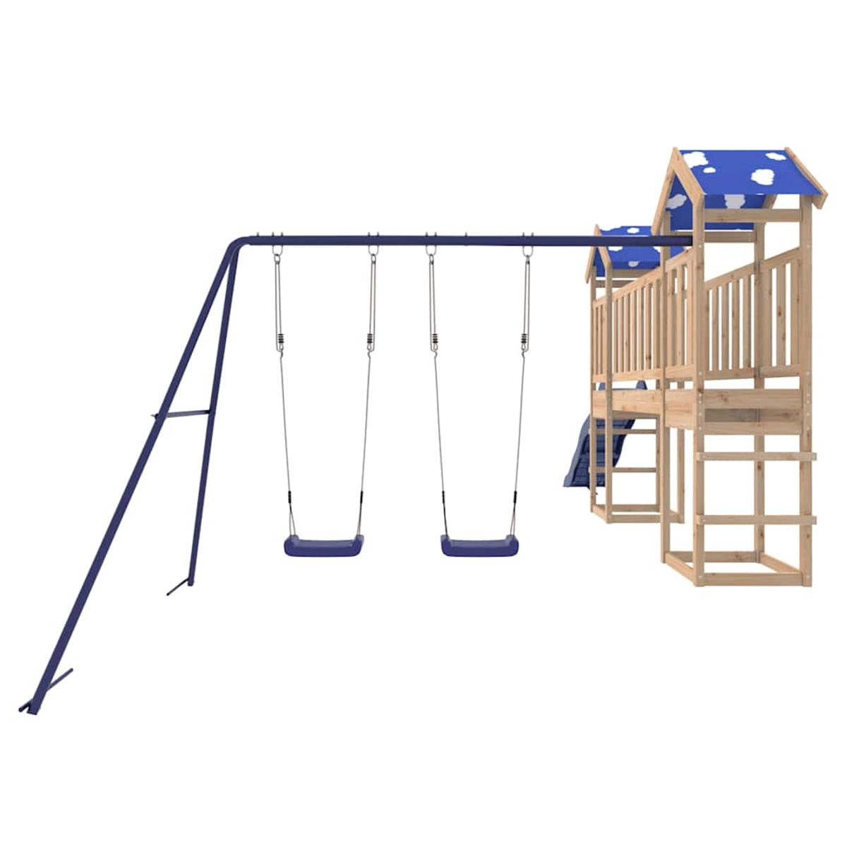 Ein Spielplatz mit Schaukeln und einer Holzkonstruktion. Blaue Schaukeln und Dach mit weißen Wolken. Holzrutsche und Leiter.