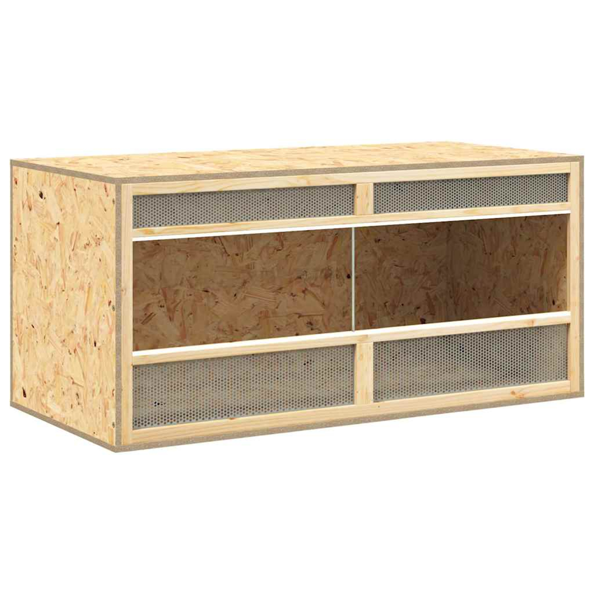 Ein rechteckiges Holzterrarium. Es hat eine Mesh-Belüftung und Schiebetüren aus Glas. Das Holz ist hellbraun mit sichtbarer Maserung.