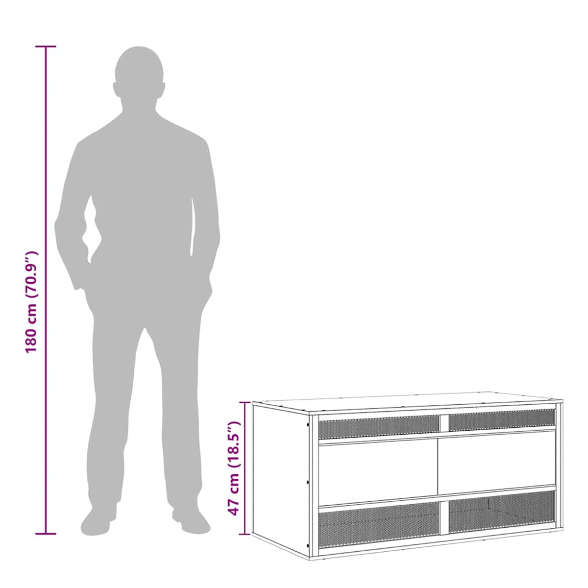 Eine graue Silhouette einer Person steht neben einem niedrigen, weißen Schrank. Maße sind beschriftet: Person bei 180 cm, Schrank bei 47 cm.