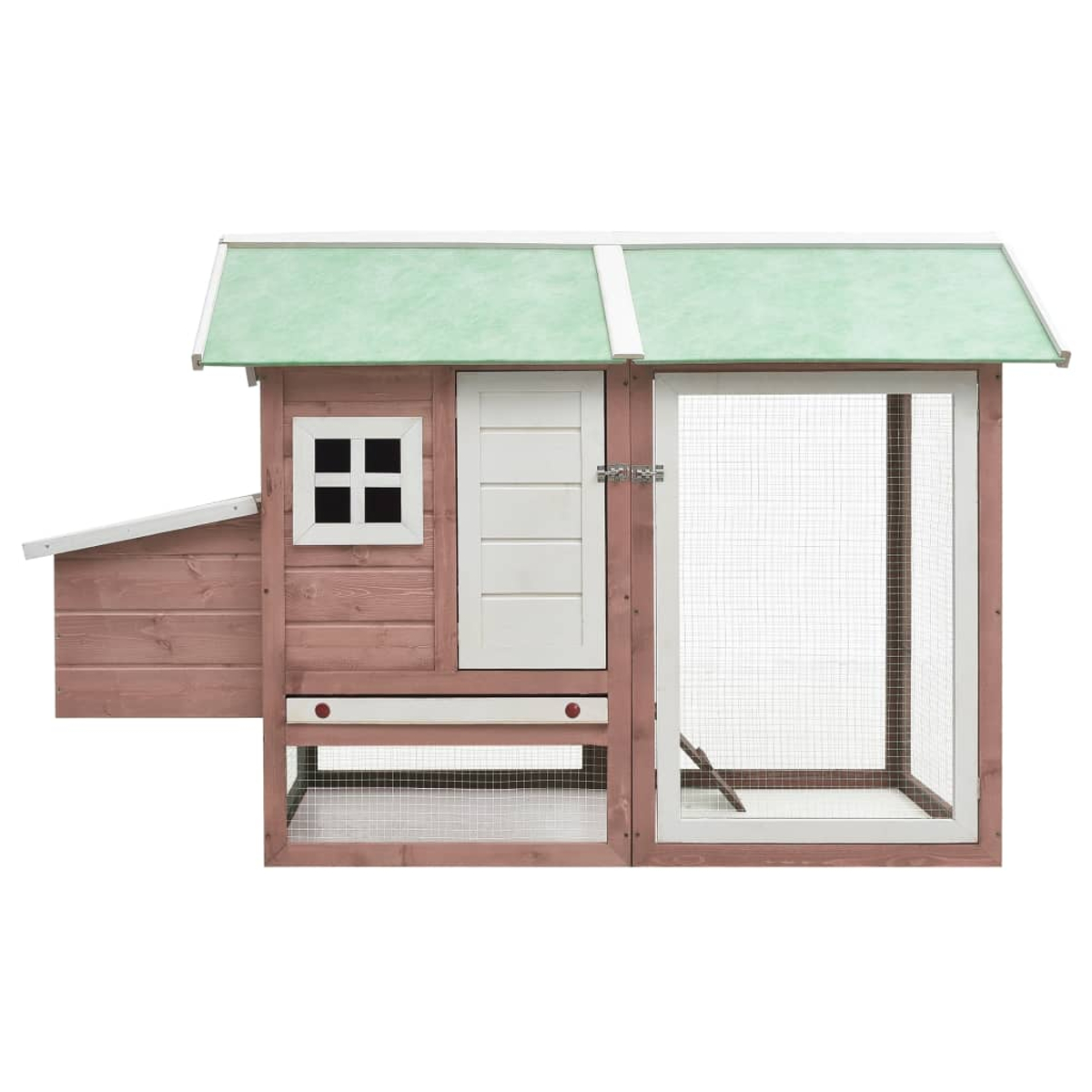 Ein hölzerner Hühnerstall mit grünem Dach, weißer Tür und Drahtgeflecht. Er hat ein kleines Fenster und eine seitliche Zugangstür.