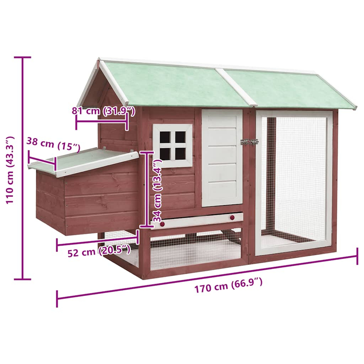 Ein roter Hühnerstall aus Holz mit grünem Dach, Tür, Fenster und Drahtgittergehege. Abmessungen sind durch lila Linien angegeben.