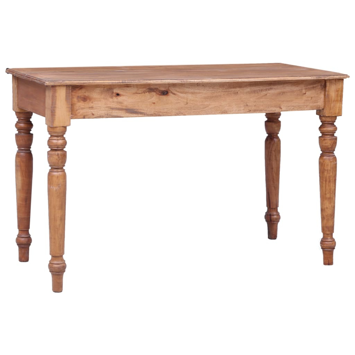 Ein Holztisch mit vier gedrechselten Beinen. Der Tisch ist hellbraun und steht auf weißem Hintergrund. Der Tisch hat eine Schublade.