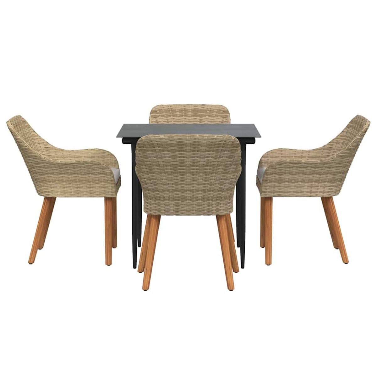 Ein quadratischer schwarzer Tisch mit vier Korbstühlen. Stühle haben Holzbeine. Weißer Hintergrund.