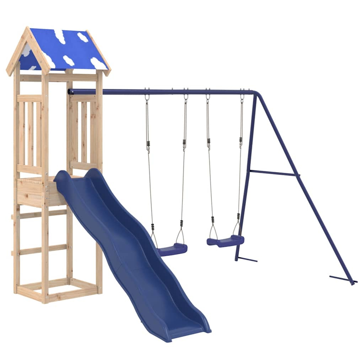 Holzspielplatz mit blauer Rutsche, Schaukeln und einem Dach mit Wolkenmuster. Die Struktur befindet sich auf weißem Hintergrund.