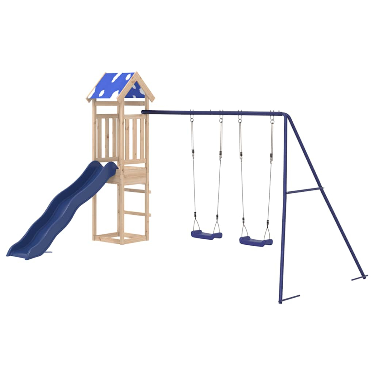 Ein Spielplatz mit Rutsche und Schaukeln. Die Rutsche ist blau, die Struktur ist aus Holz. Schaukeln sind blau, der Rahmen ist Metall.
