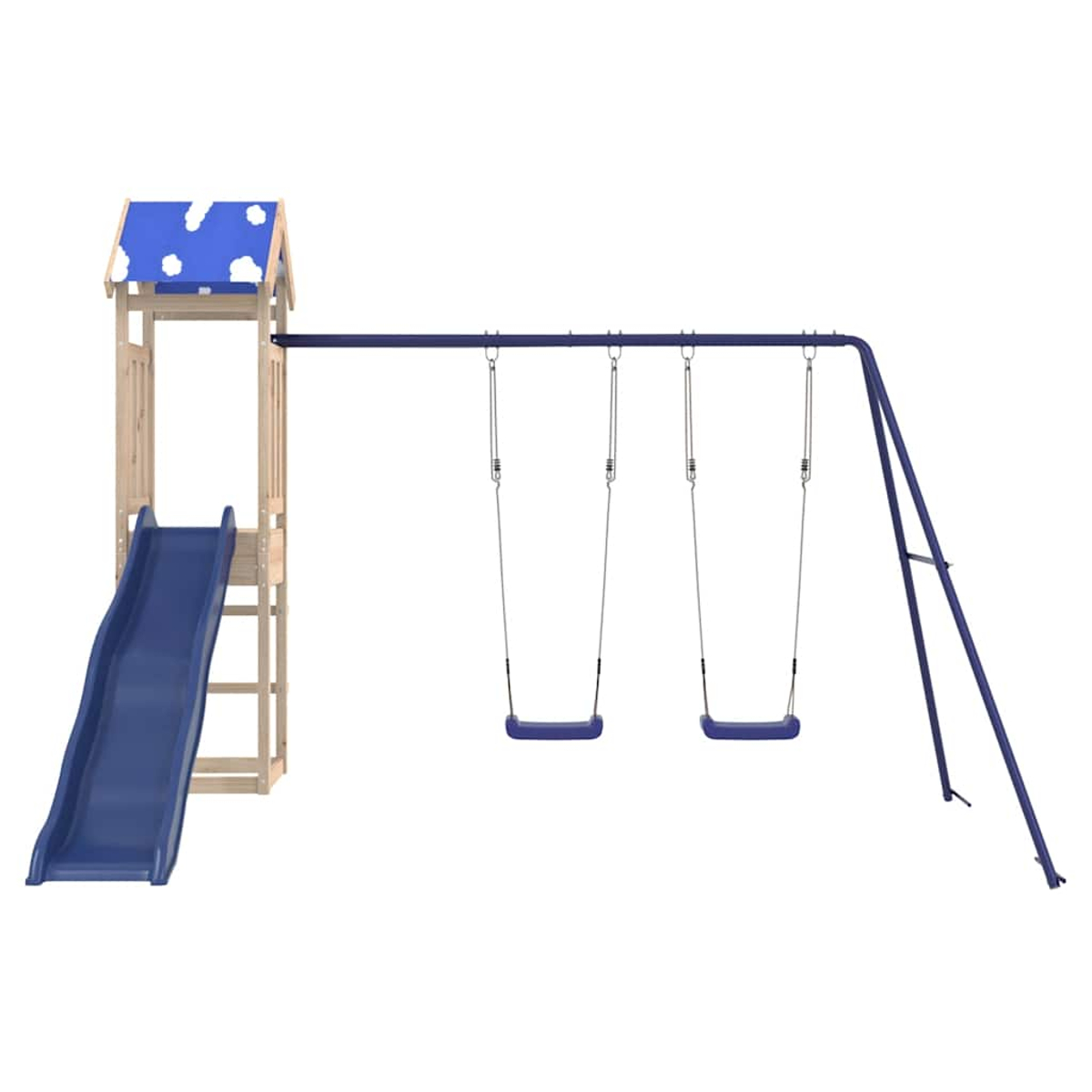 Kinderspielplatz mit blauer Rutsche, zwei Schaukeln und einem Holzspielhaus mit blauem Dach.