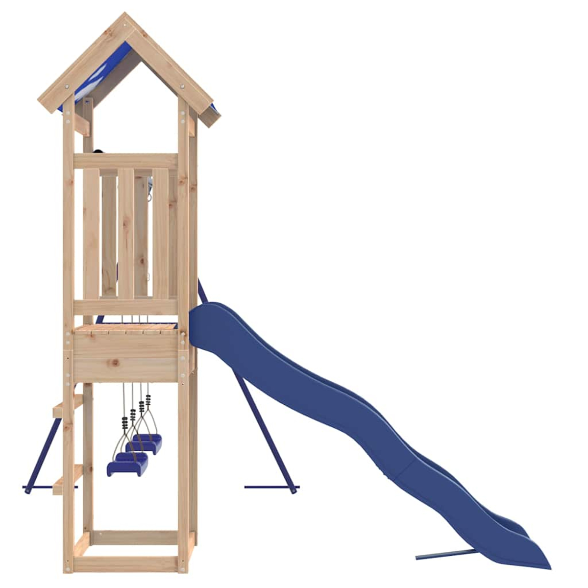 Spielplatz aus Holz mit blauer Rutsche und Schaukeln. Struktur beinhaltet einen Turm mit Dach und Leiter. Vor weißem Hintergrund.