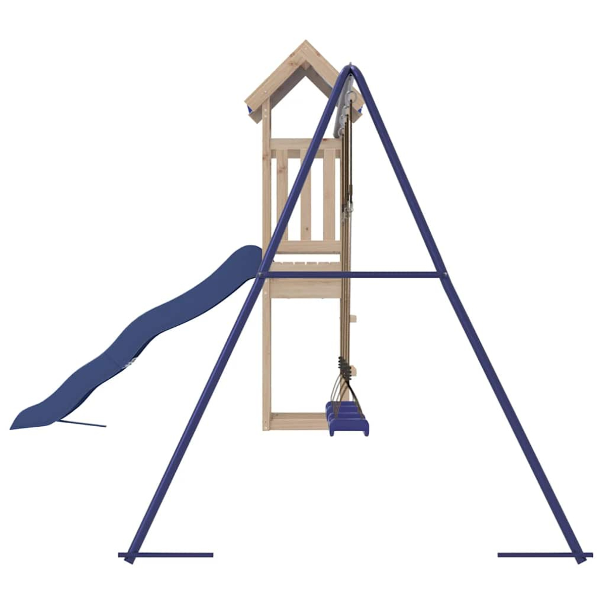 Ein Spielplatz mit einem hölzernen Spielhaus, einer blauen Rutsche und einer Schaukel mit blauen Schaukeln. Die Struktur hat einen blauen Rahmen.
