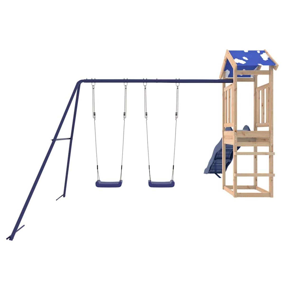 Ein Kinderspielplatz mit Schaukeln, einer Rutsche und einem Klettergerüst. Das Set besteht aus blauem Metall und Holz.