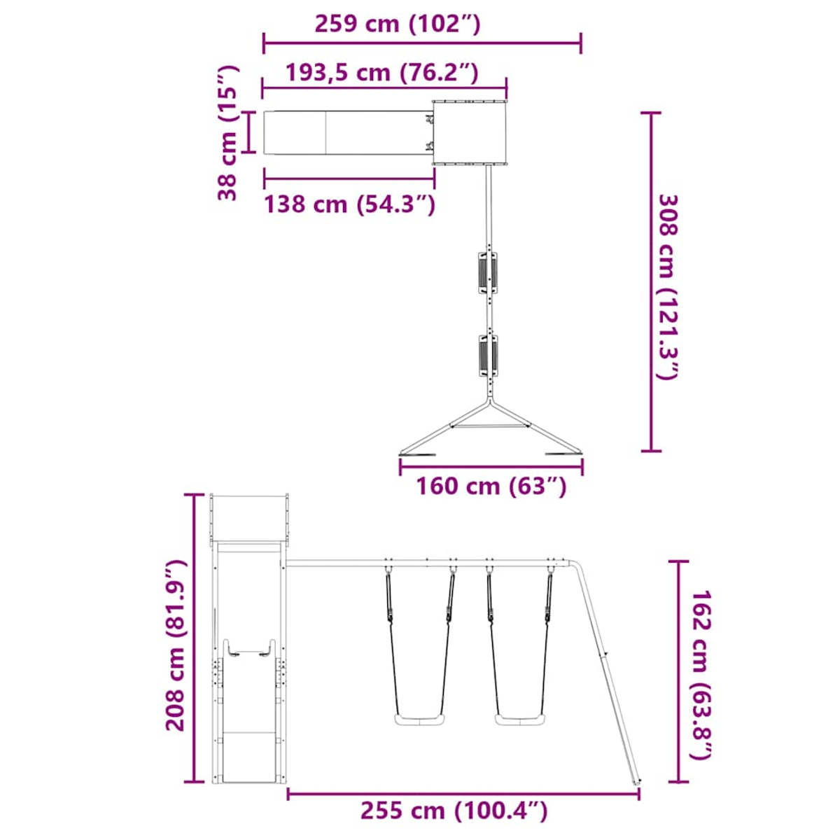 Ein Diagramm eines Spielplatzes mit Maßangaben für Schaukel, Rutsche und Überbau in Zentimetern und Zoll.