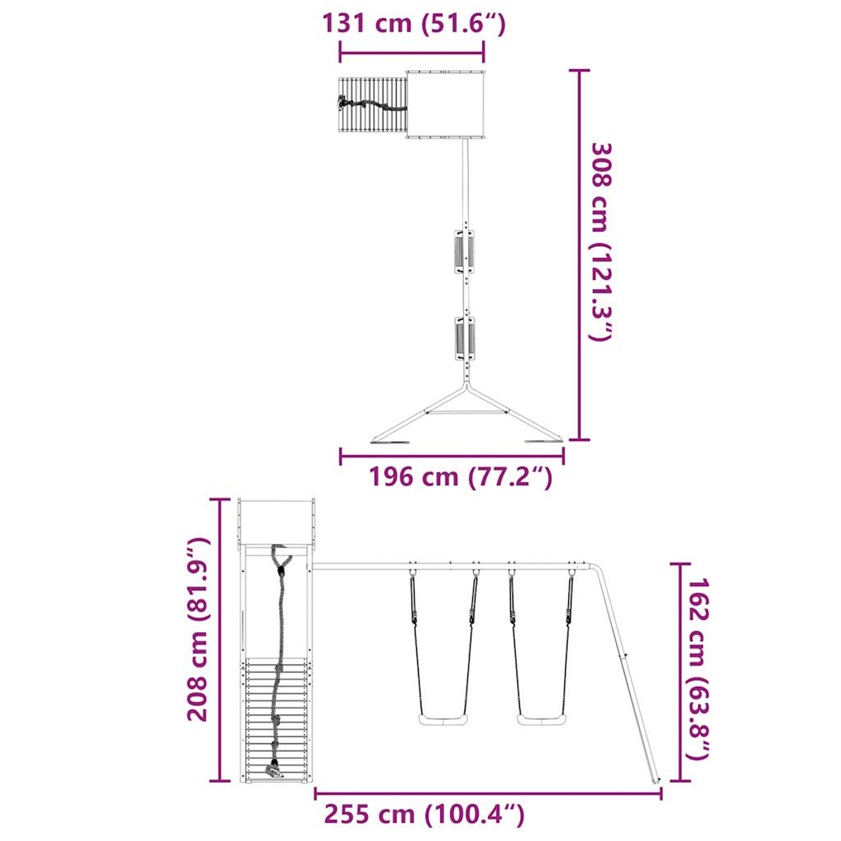 Ein Diagramm zeigt eine Spielplatzstruktur mit Bemaßungen in cm und Zoll. Es umfasst eine Rutsche, Schaukeln und ein Kletterelement.