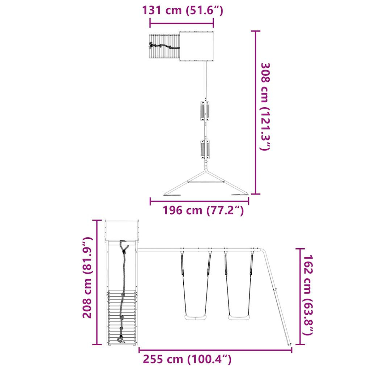 Diagramm eines Schaukelgerüsts mit Abmessungen in cm und Zoll. Enthält eine Rutsche, Schaukeln und eine Kletterstruktur.