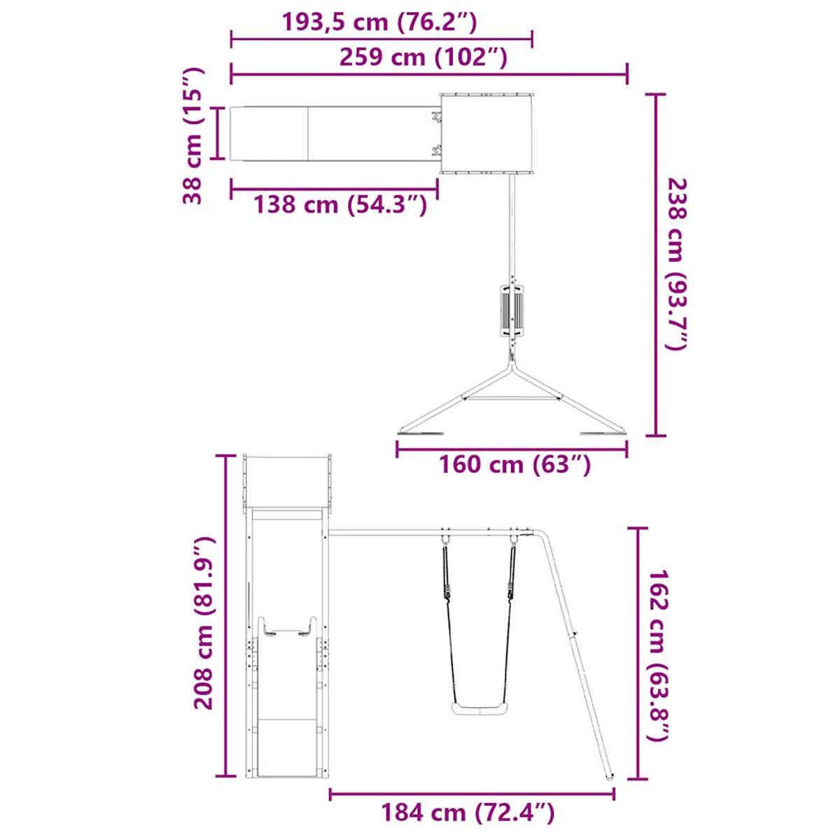 Un diagramma di un parco giochi, che mostra le dimensioni in cm e pollici. Presenta uno scivolo, un'altalena e una struttura per arrampicarsi.