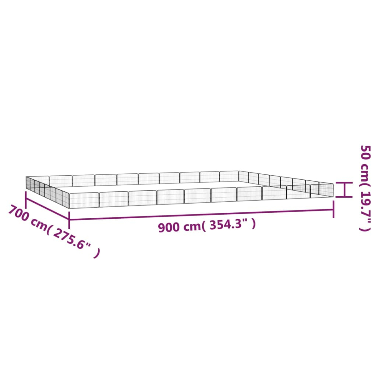 Die Abbildung zeigt einen rechteckigen Zaun mit den angegebenen Maßen: 900 cm, 700 cm und 50 cm. Der Hintergrund ist weiß.