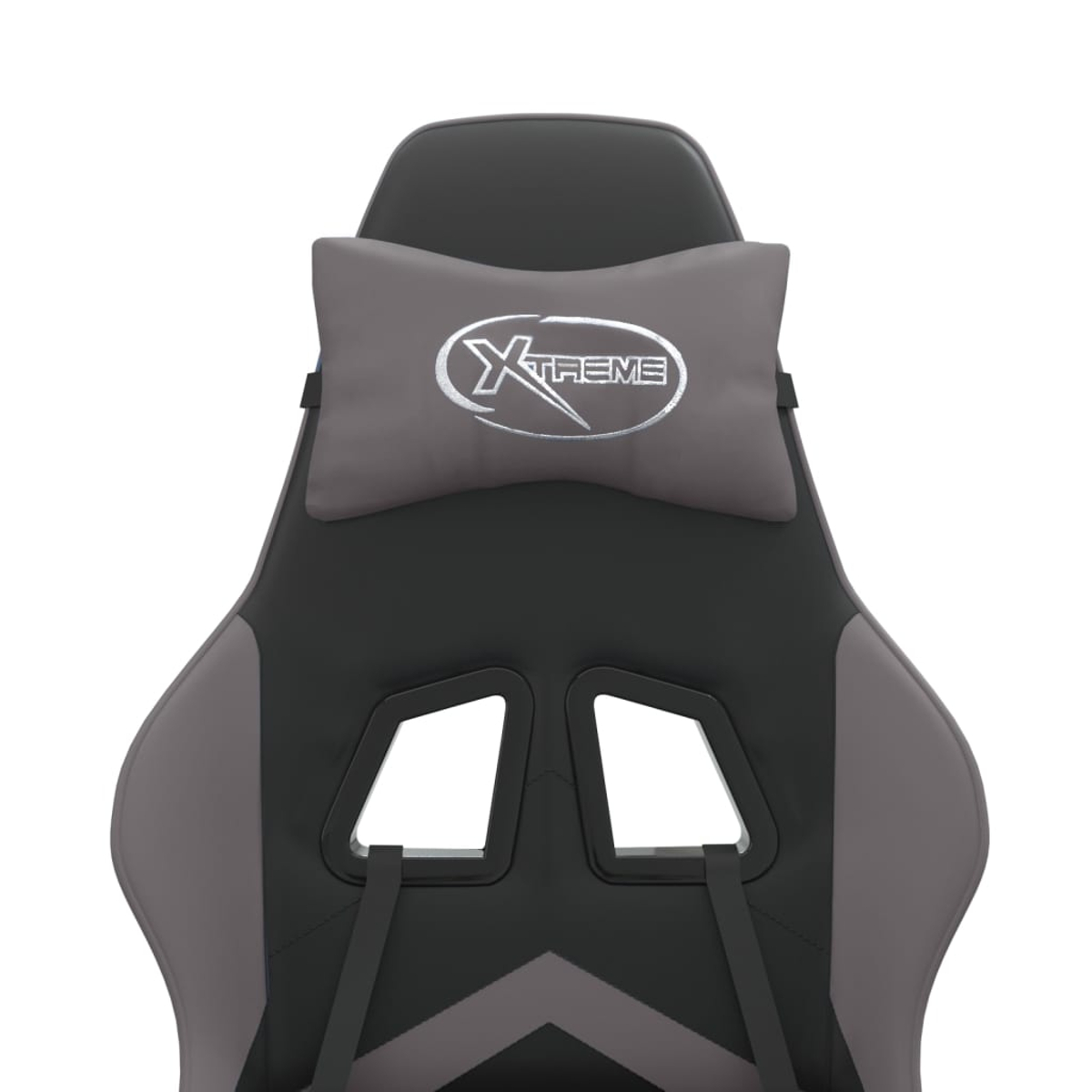 Gaming-Stuhl mit grauer Kopfstütze und schwarzer Rückenlehne. Die Kopfstütze hat ein 'Xtreme'-Logo. Der Stuhl ist grau und schwarz.