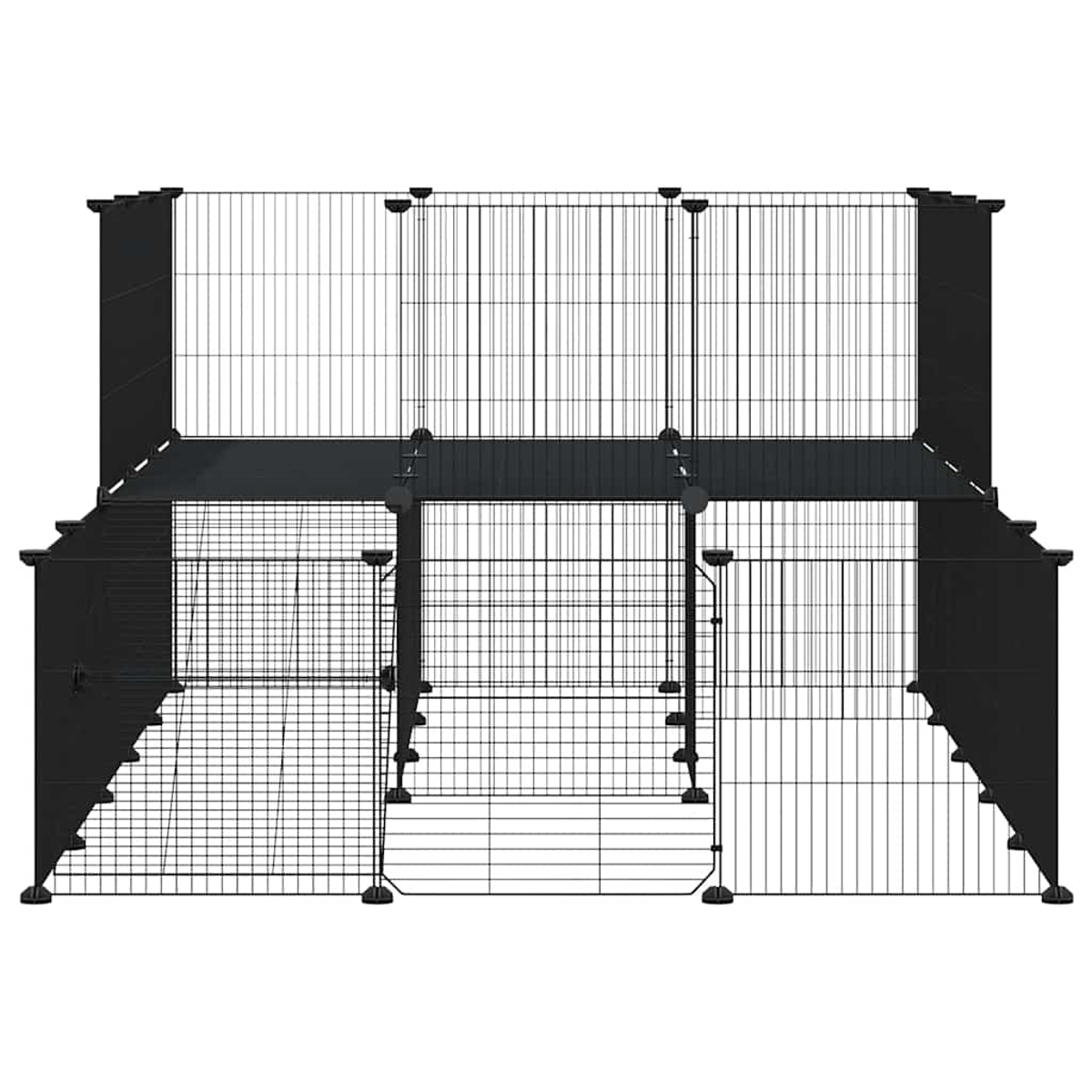 Schwarzes Draht-Haustiergehege, zweistöckiges Design mit Rampen und mehreren Zugangspunkten. Der Hintergrund ist weiß.