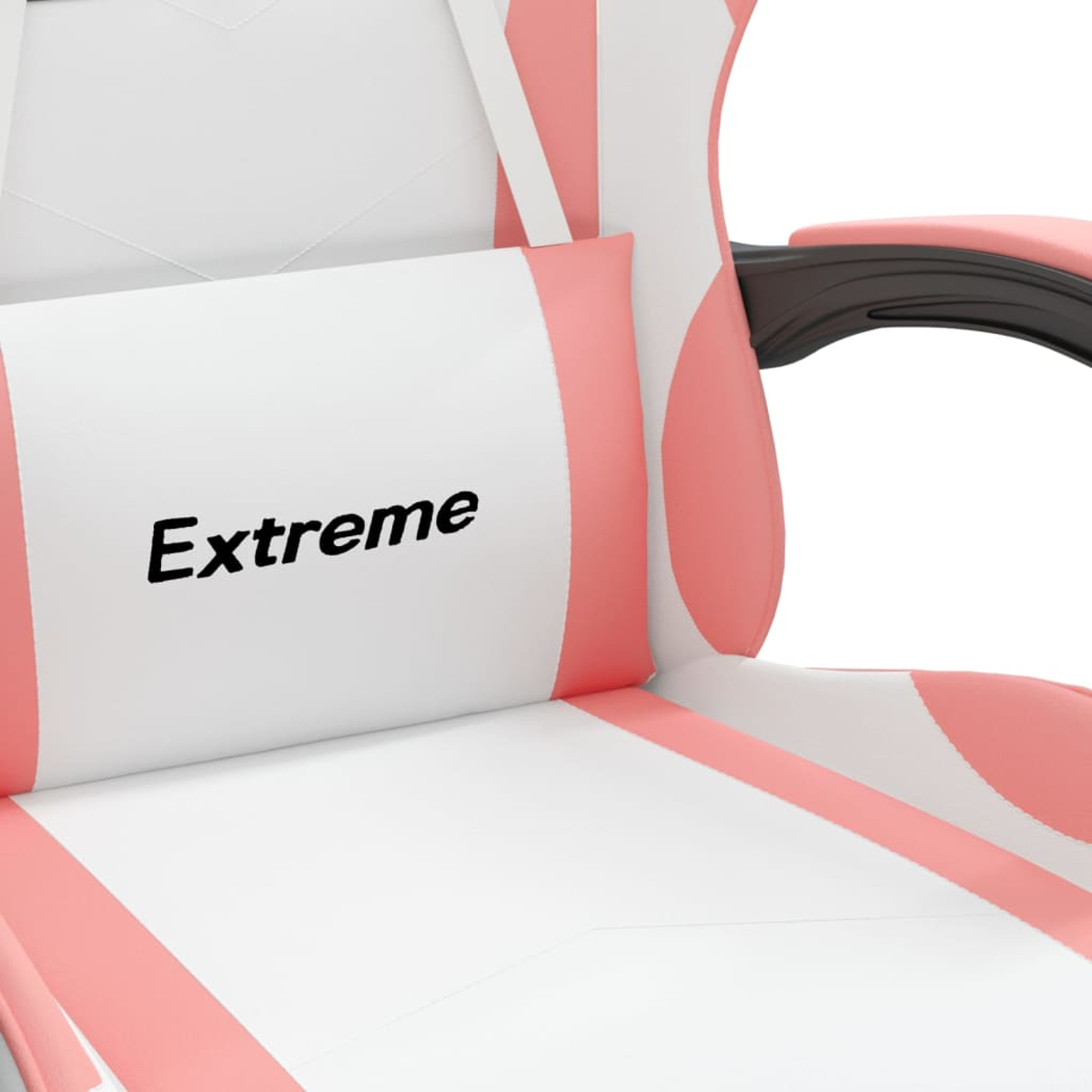 Ein weiß-rosa Gaming-Stuhl mit dem Wort 'Extreme' auf der Kopfstütze. Der Stuhl hat schwarze Armlehnen und einen weißen Hintergrund.
