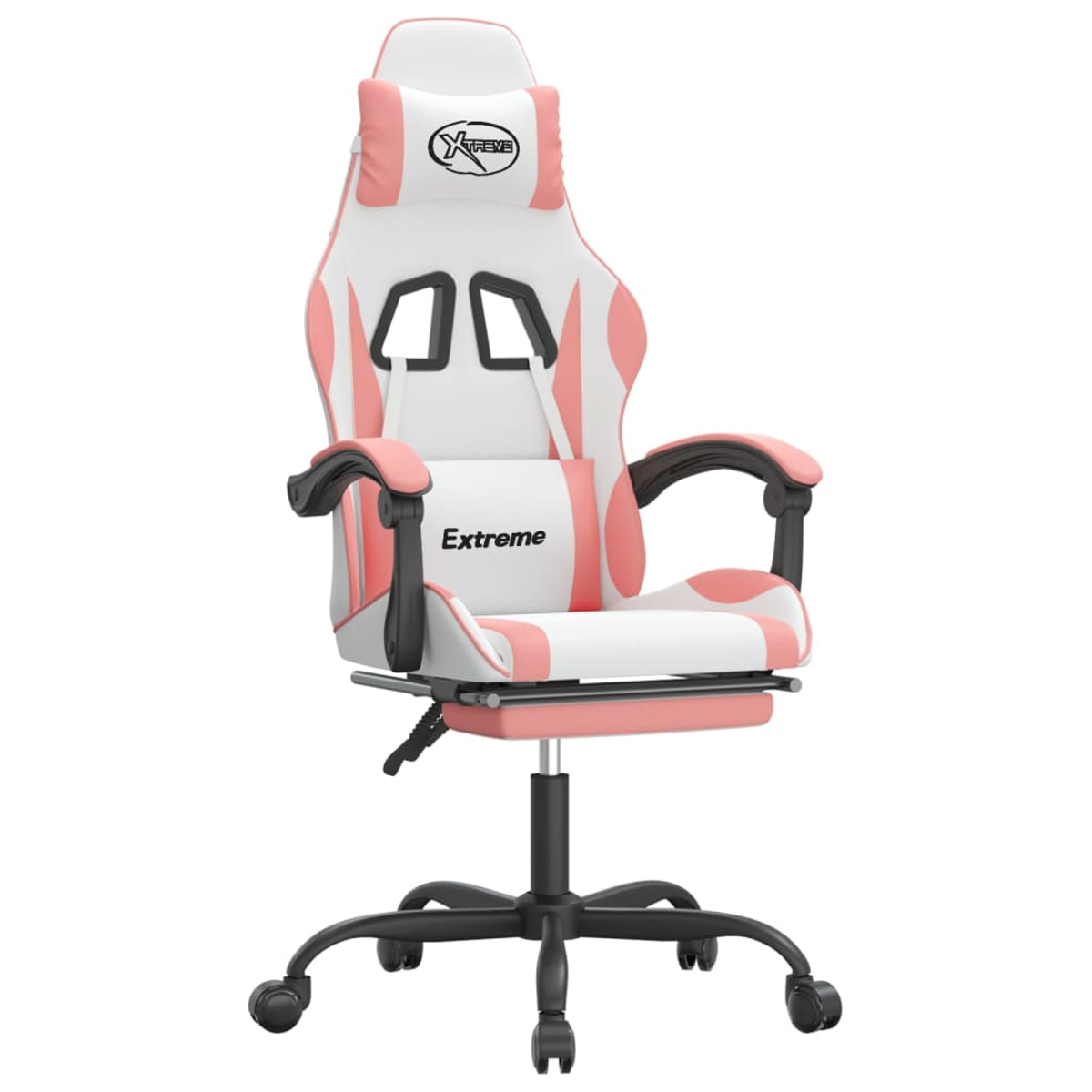 Ein weißer und rosa Gaming-Stuhl mit schwarzen Akzenten. Er hat eine Kopfstütze mit dem Wort "Xtreme" und einen Sitz mit dem Wort "Extreme".
