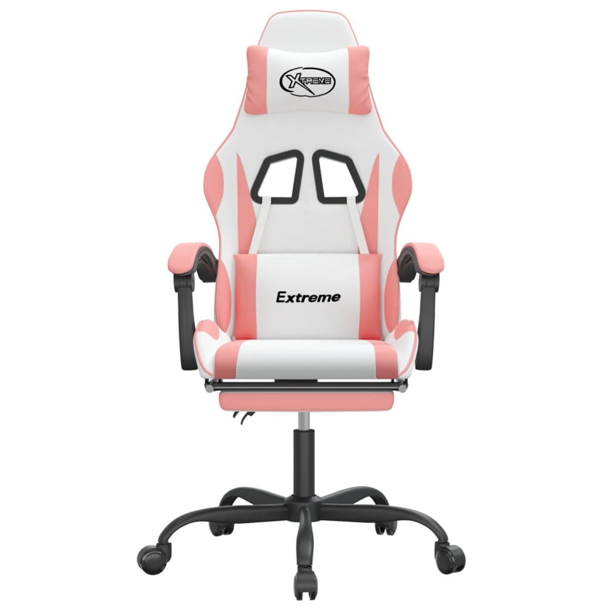 Ein rosa-weißer Gaming-Stuhl. Er hat eine Kopfstütze mit 'Xtreme' und ein Lendenkissen mit 'Extreme'. Er hat schwarze Armlehnen und einen Sockel.