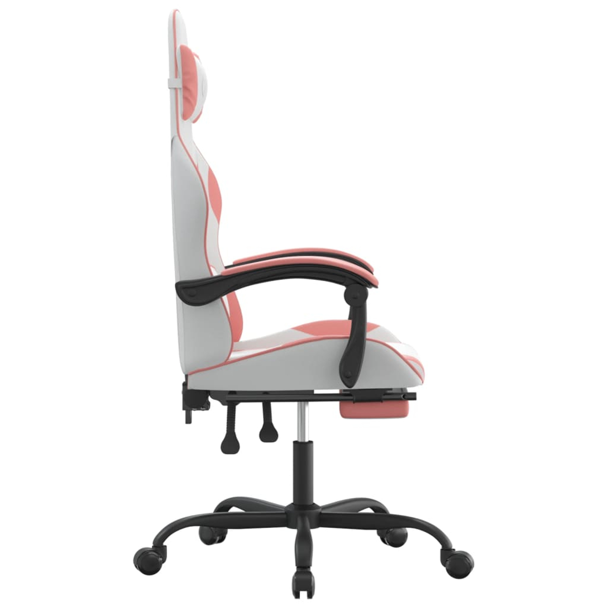 Ein Gaming-Stuhl. Weiß und rosa mit schwarzen Akzenten. Er hat eine hohe Rückenlehne, Armlehnen und ein Fünf-Rollen-Gestell. Seitenansicht.