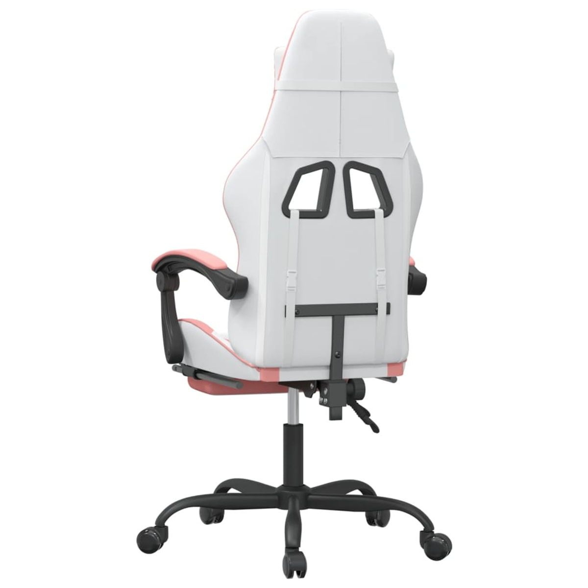 Rückansicht eines weißen und rosa Gaming-Stuhls mit schwarzem Gestell und Rädern. Der Stuhl hat Armlehnen und eine hohe Rückenlehne.