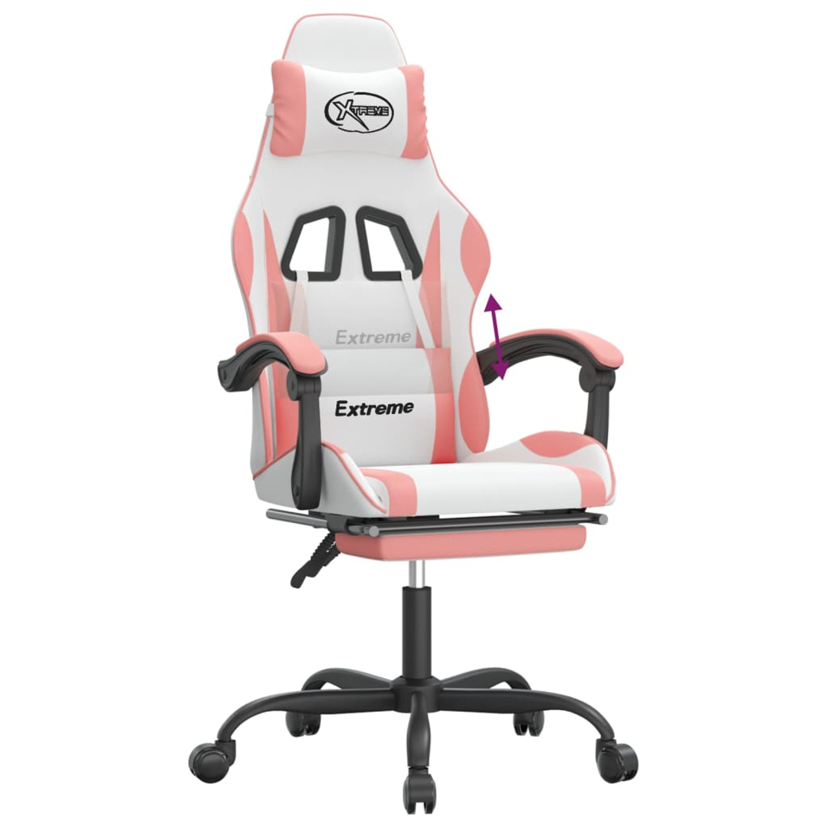 Ein weiß-rosa Gaming-Stuhl mit schwarzen Armlehnen und -gestell. Auf dem Stuhl steht 'Extreme'.