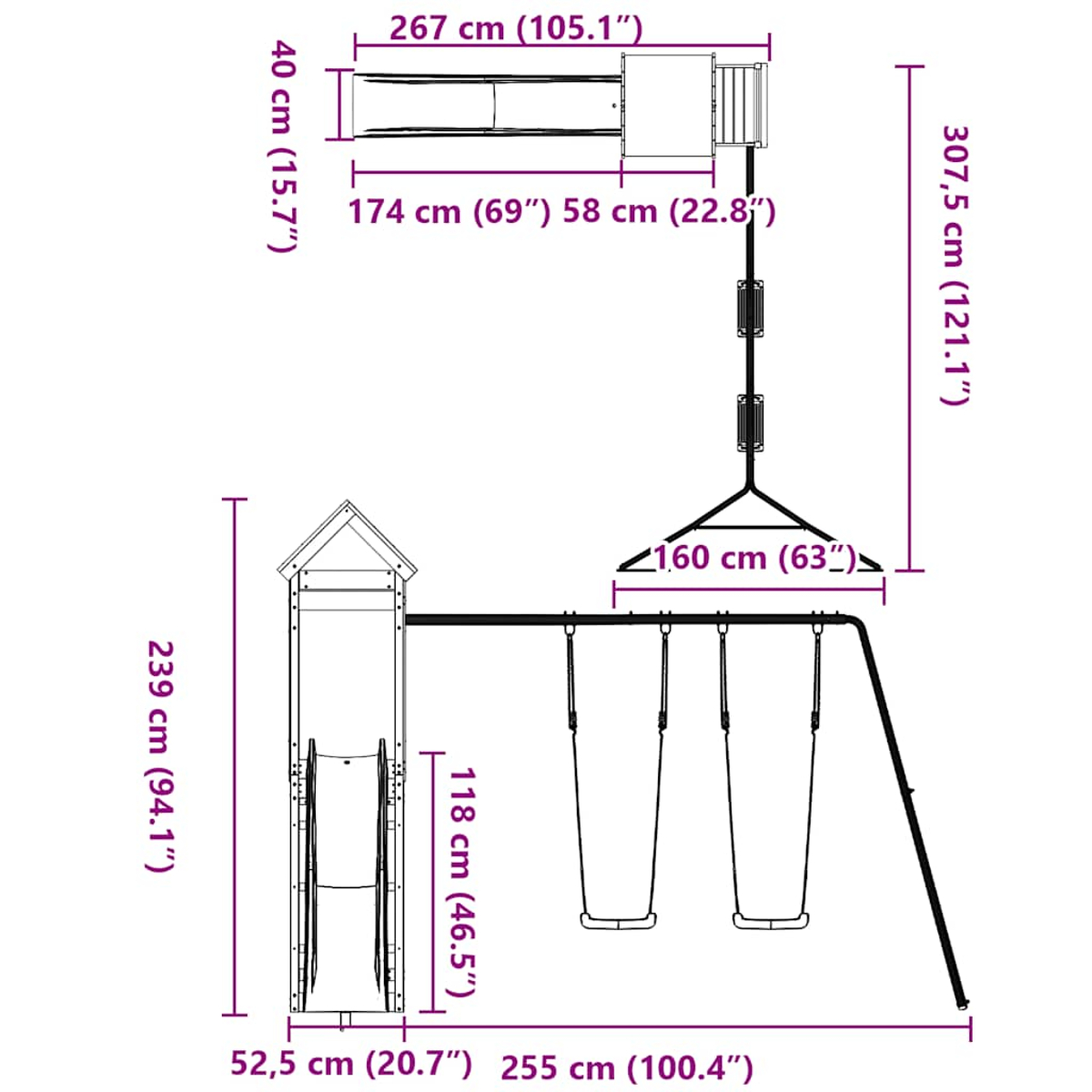 Diagramma di un parco giochi, con scivolo, altalene e dimensioni in cm e pollici.