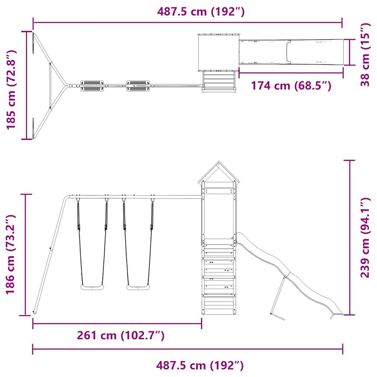 Diagramma di un'area giochi, che mostra le dimensioni in cm e pollici. Include altalene, scivolo e struttura.