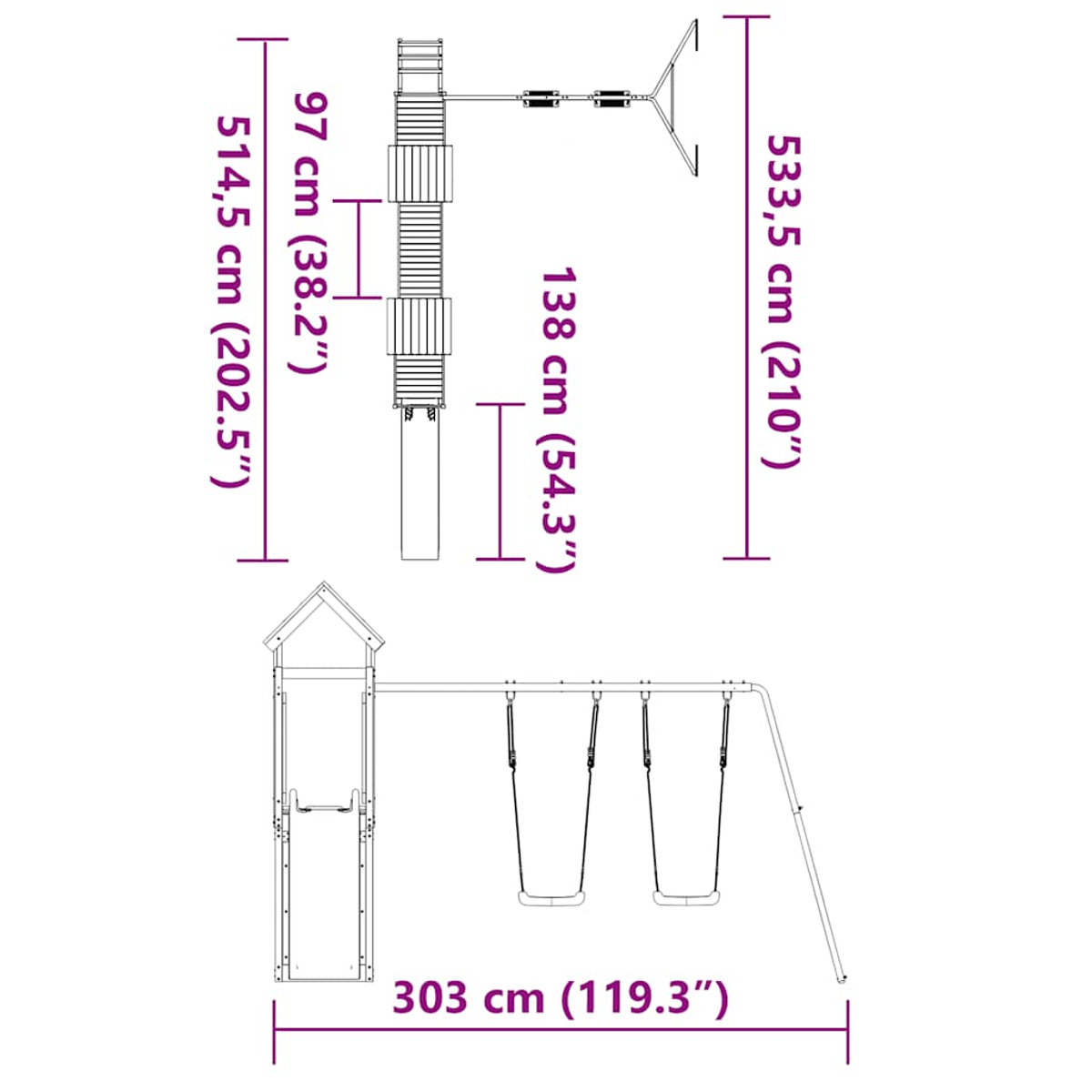 Diagramma di un parco giochi con dimensioni in cm e pollici. Presenta una torre scivolo, altalene e una struttura per arrampicarsi.