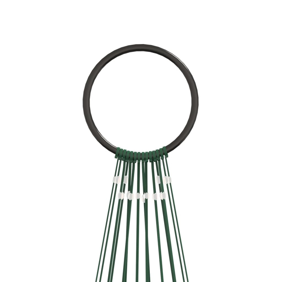 Ein dunkler Ring mit grünen und weißen Schnüren, die darunter hängen. Der Hintergrund ist weiß.