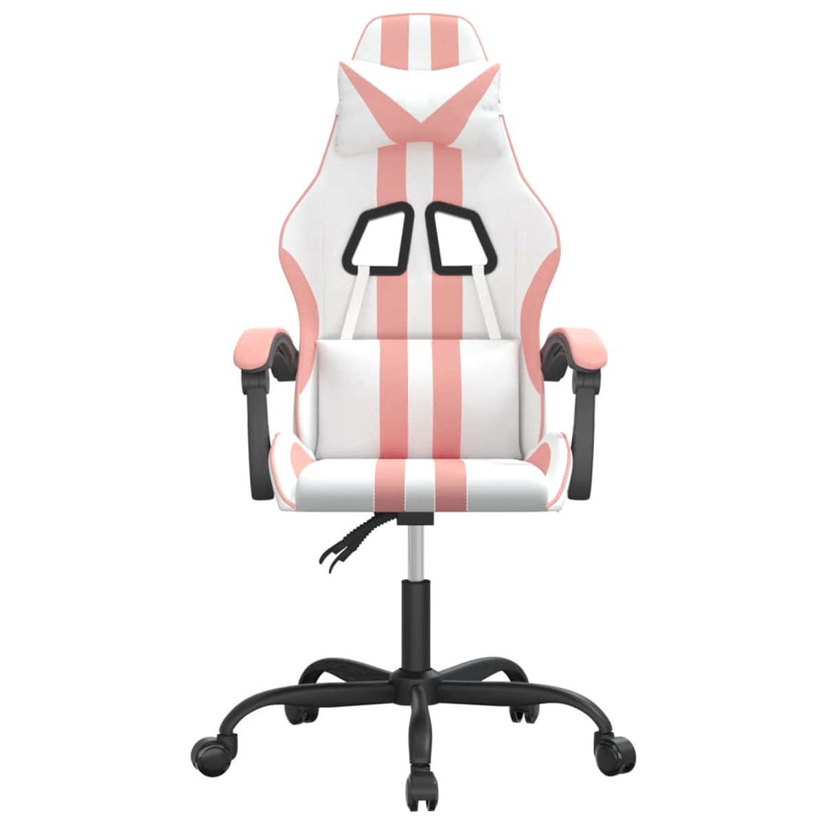 Ein weiß-rosa Gaming-Stuhl mit Kopfstütze, Armlehnen und einem Fünf-Rad-Gestell. Er hat rosa Streifen und schwarze Akzente.