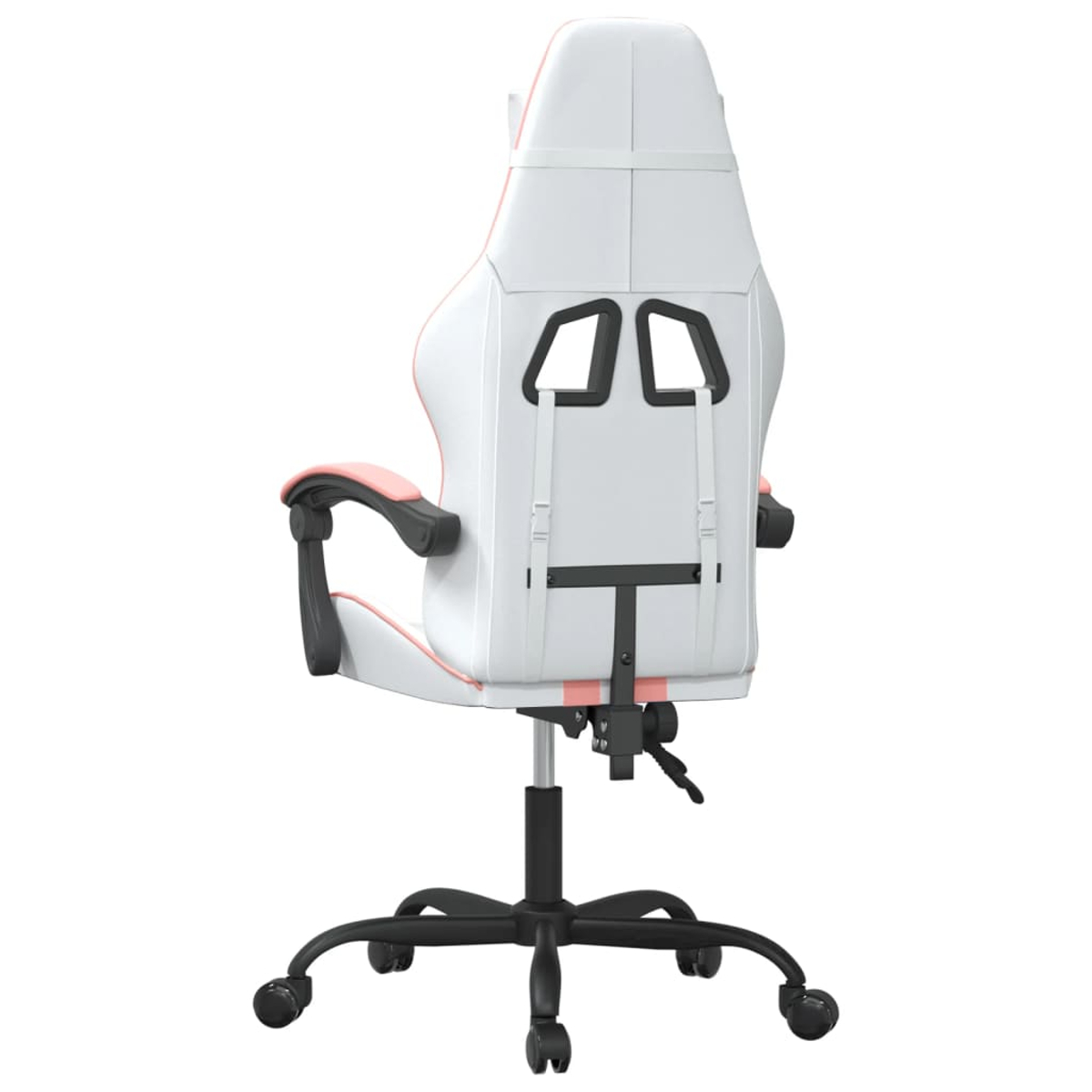 Rückansicht eines weißen und rosa Gaming-Stuhls mit schwarzen Akzenten und einem schwarzen Gestell mit Rollen, vor weißem Hintergrund.