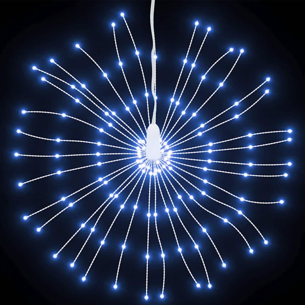 Ein Cluster blauer LED-Leuchten, kreisförmig angeordnet, strahlt von einem zentralen Punkt auf schwarzem Hintergrund aus.