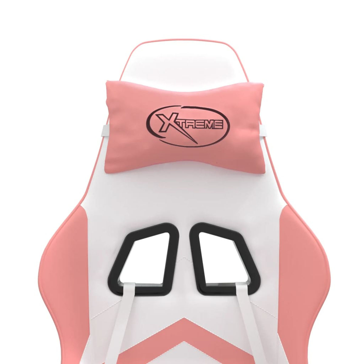 Ein pinkfarbener und weißer Gaming-Stuhl. Er hat ein Kopfkissen mit dem Wort 'XTREME'. Der Stuhl hat schwarze Akzente und eine weiße Rückenlehne.