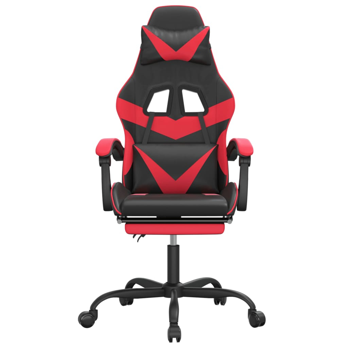 Ein Gaming-Stuhl mit schwarzem und rotem Design. Er hat eine hohe Rückenlehne, Armlehnen und ein Fünf-Sterne-Gestell mit Rollen.