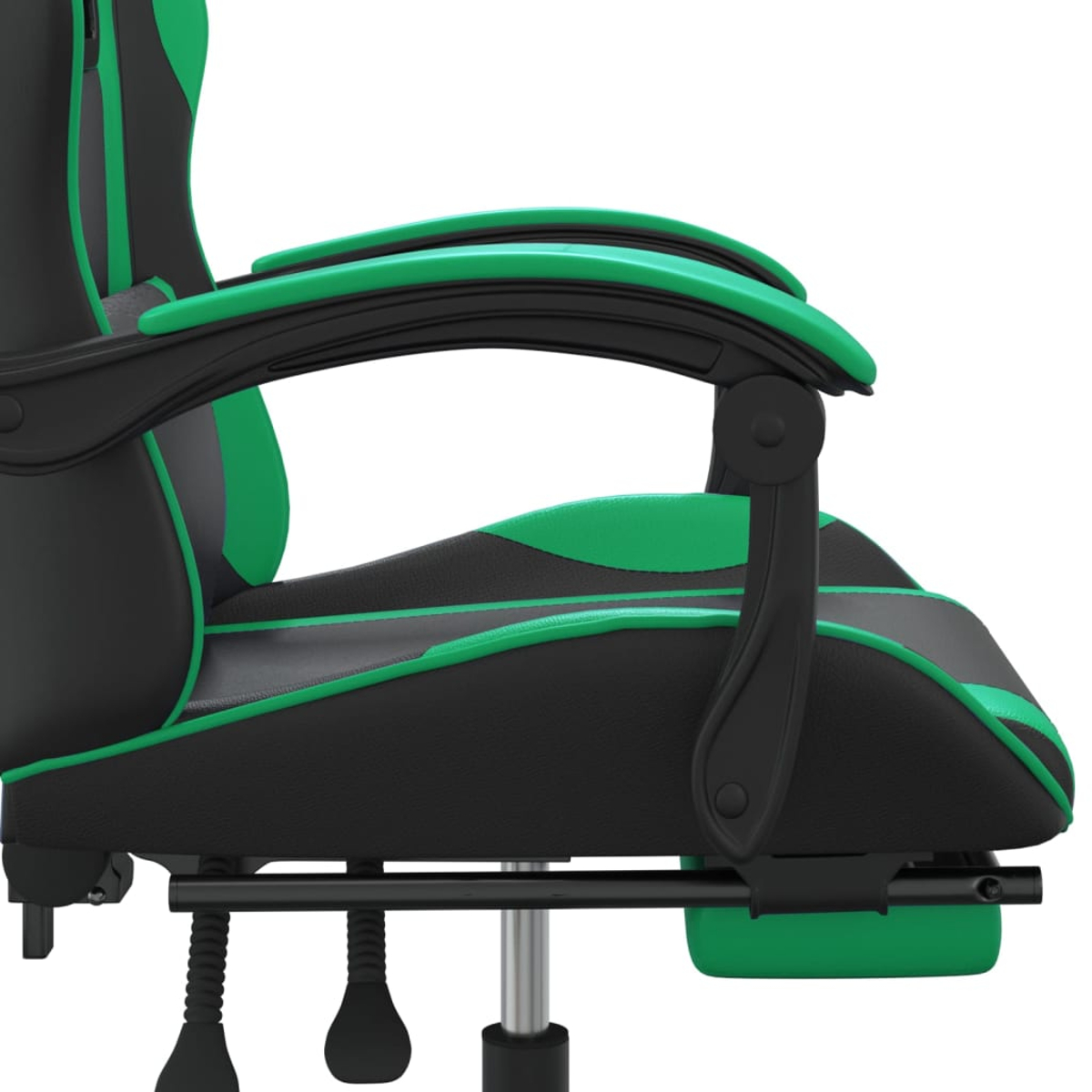 Gaming-Stuhl mit schwarzen und grünen Details. Verfügt über Armlehnen und einen Sitz. Der Stuhl steht vor weißem Hintergrund.