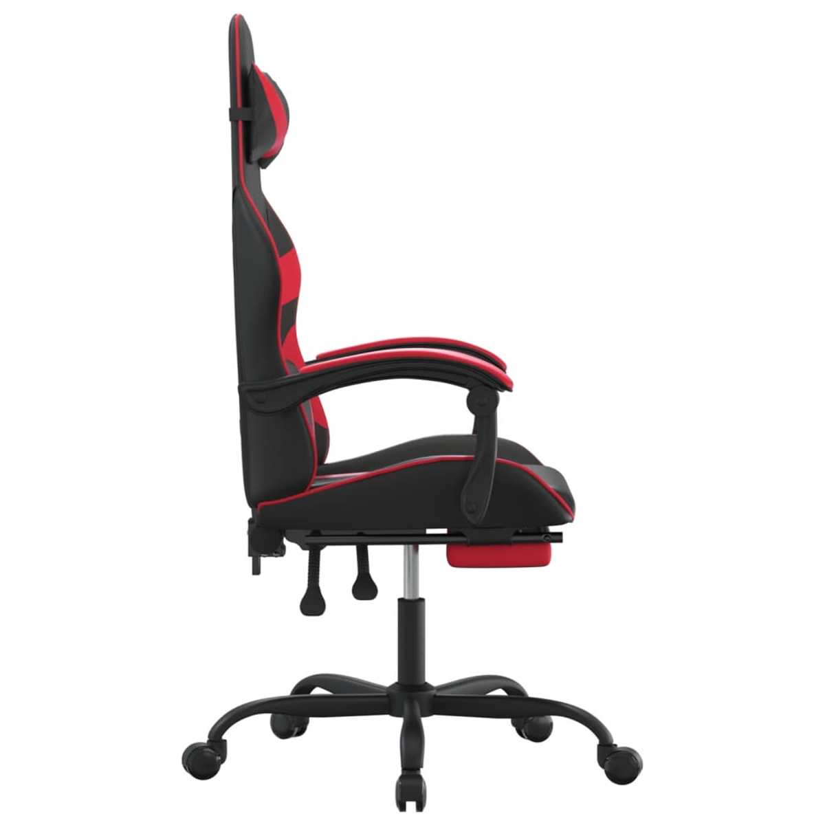 Seitenansicht eines schwarz-roten Gaming-Stuhls. Er hat eine hohe Rückenlehne, Armlehnen und ein Gestell mit Rädern. Der Stuhl steht auf weißem Hintergrund.