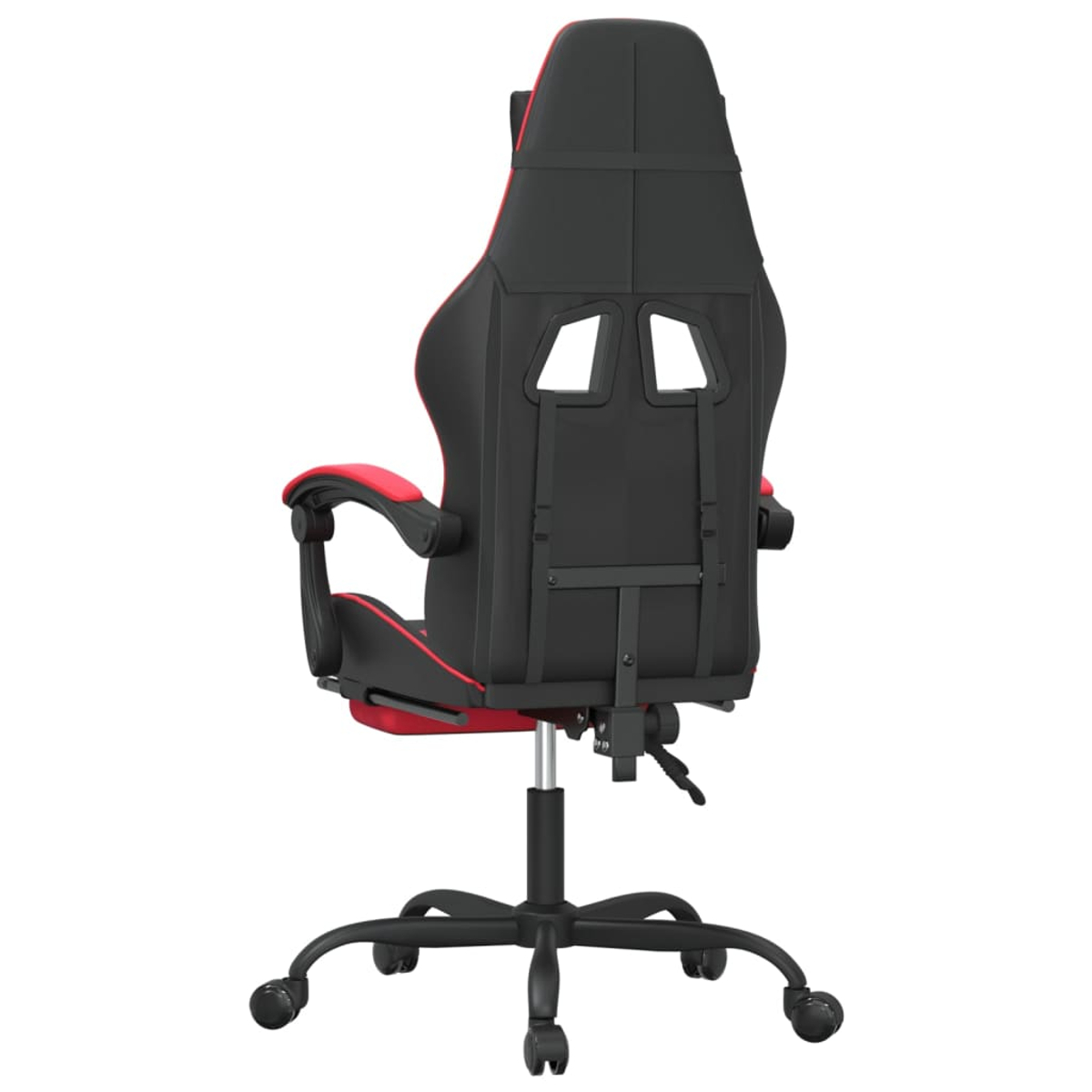 Ein schwarz-roter Gaming-Stuhl, von hinten gesehen. Er hat eine hohe Rückenlehne mit zwei Öffnungen, Armlehnen, ein Fünf-Rollen-Gestell und einen schwarzen Sockel.