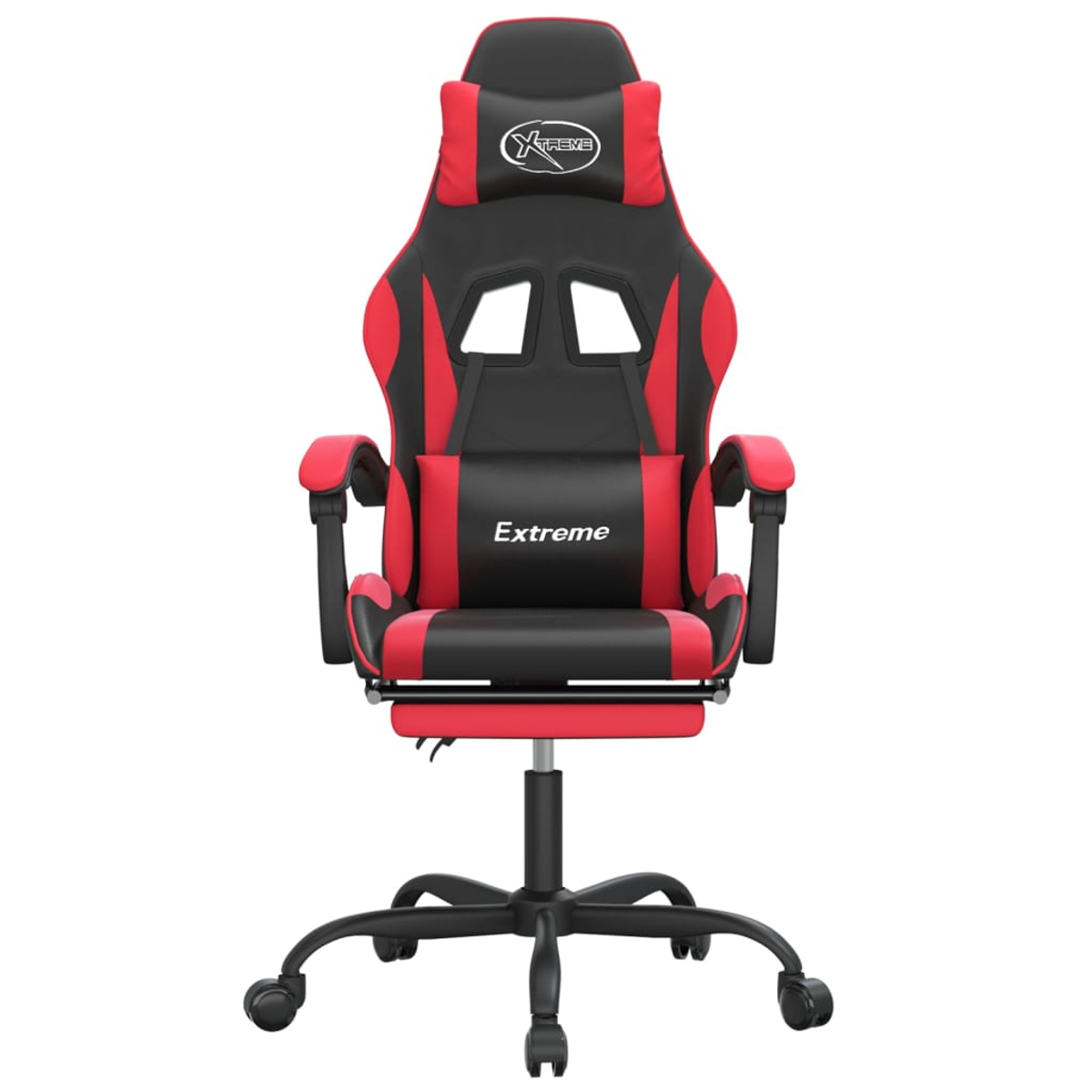 Ein rot-schwarzer Gaming-Stuhl ist zentriert. Er hat eine Kopfstütze mit dem Wort "Xtreme", Armlehnen und ein Gestell mit Rollen.