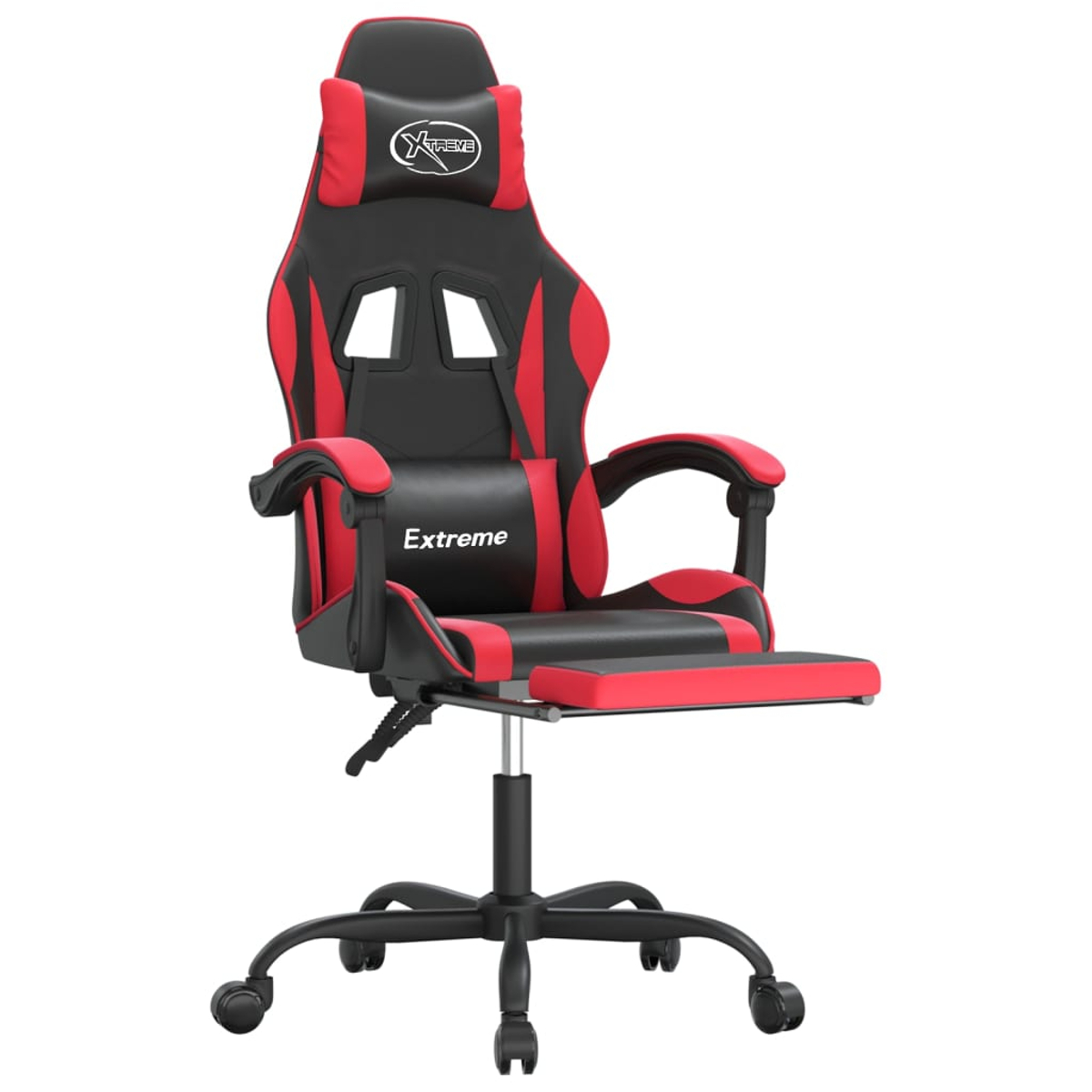 Ein schwarz-roter Gaming-Stuhl mit Kopfstütze, Armlehnen und Fußstütze, beschriftet mit 'Extreme'.